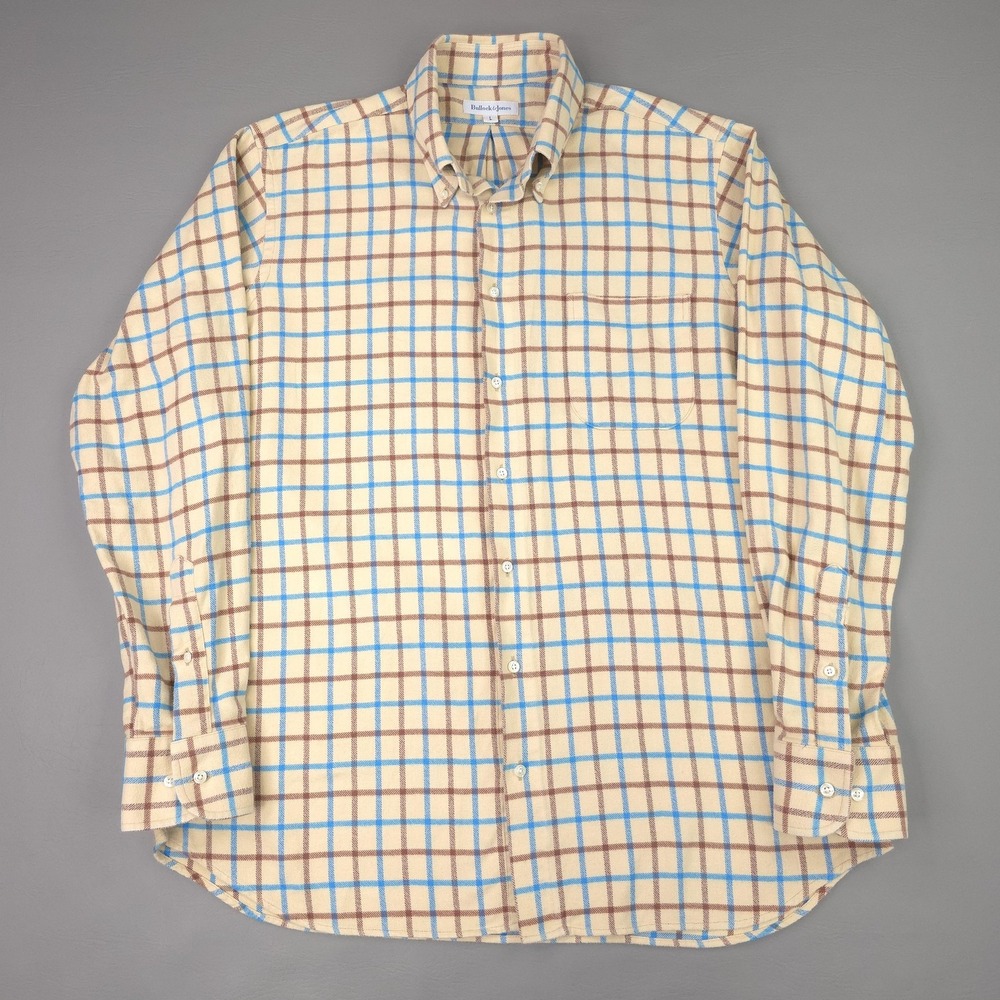 Bullock & Jones Shirt Mens Large Beige Check Flannel Button Down USA Casual